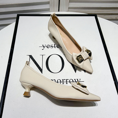 Uncle Jian气质尖头浅口低跟单鞋女细跟法式中跟蝴蝶结高跟鞋女