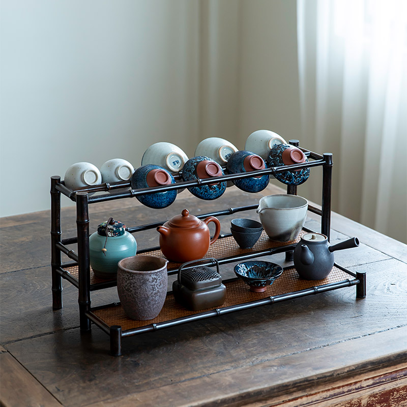 艳库/大漆茶具收纳层架双层茶杯架子壶架茶桌置J物架文玩古玩展示