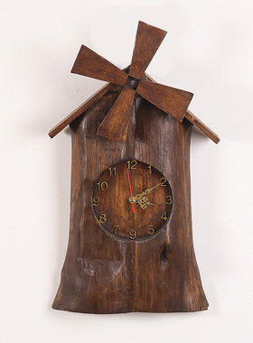 泰国实木风车台式座钟客厅电视柜时钟摆件橱窗创意挂钟表挂钟床