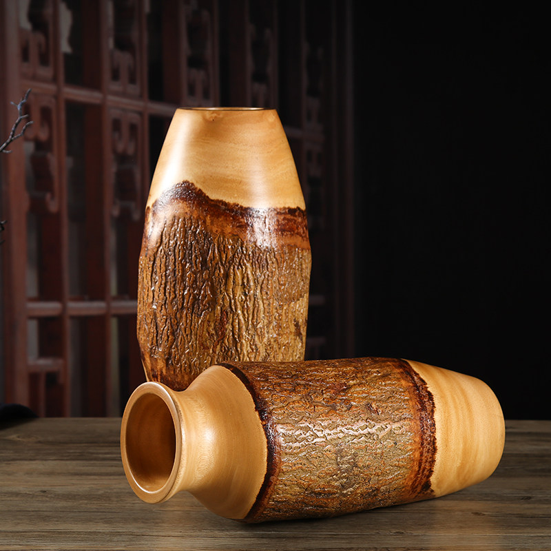 泰国芒果木雕树皮纹花瓶复古干花花瓶花器东南亚装饰摆件大号花瓶