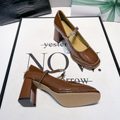 一字带搭扣粗跟方头高跟鞋 Uncle 女玛丽珍女鞋 复古单鞋 Jian法式