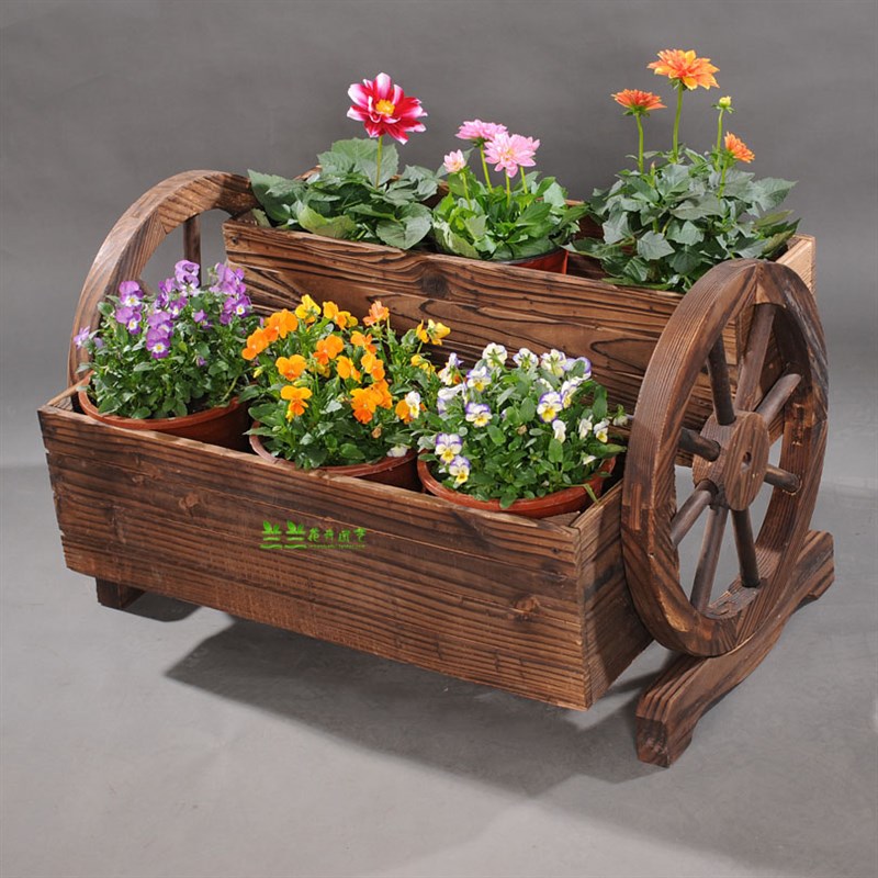 车轮花盆防腐木花车 碳化木花箱花槽长方形木制二层阳台栏杆花架