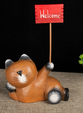 东南亚特色实木慵懒小猫摆件开业礼物礼品桌面欢迎光临装饰工艺品
