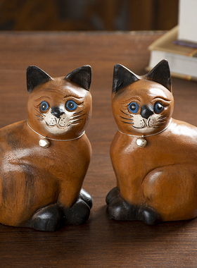 泰国木雕工艺品可爱小猫咪摆件创意木质客厅装饰品情侣结婚礼物