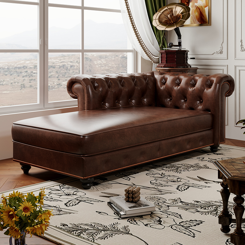 美式复古拉扣油蜡皮贵妃榻