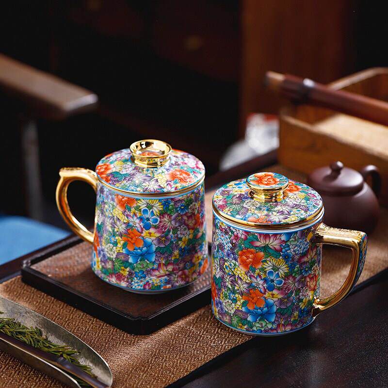 景德镇陶瓷泡茶杯茶水分离办公杯水杯珐瑯彩商务会议杯礼品瓷杯子