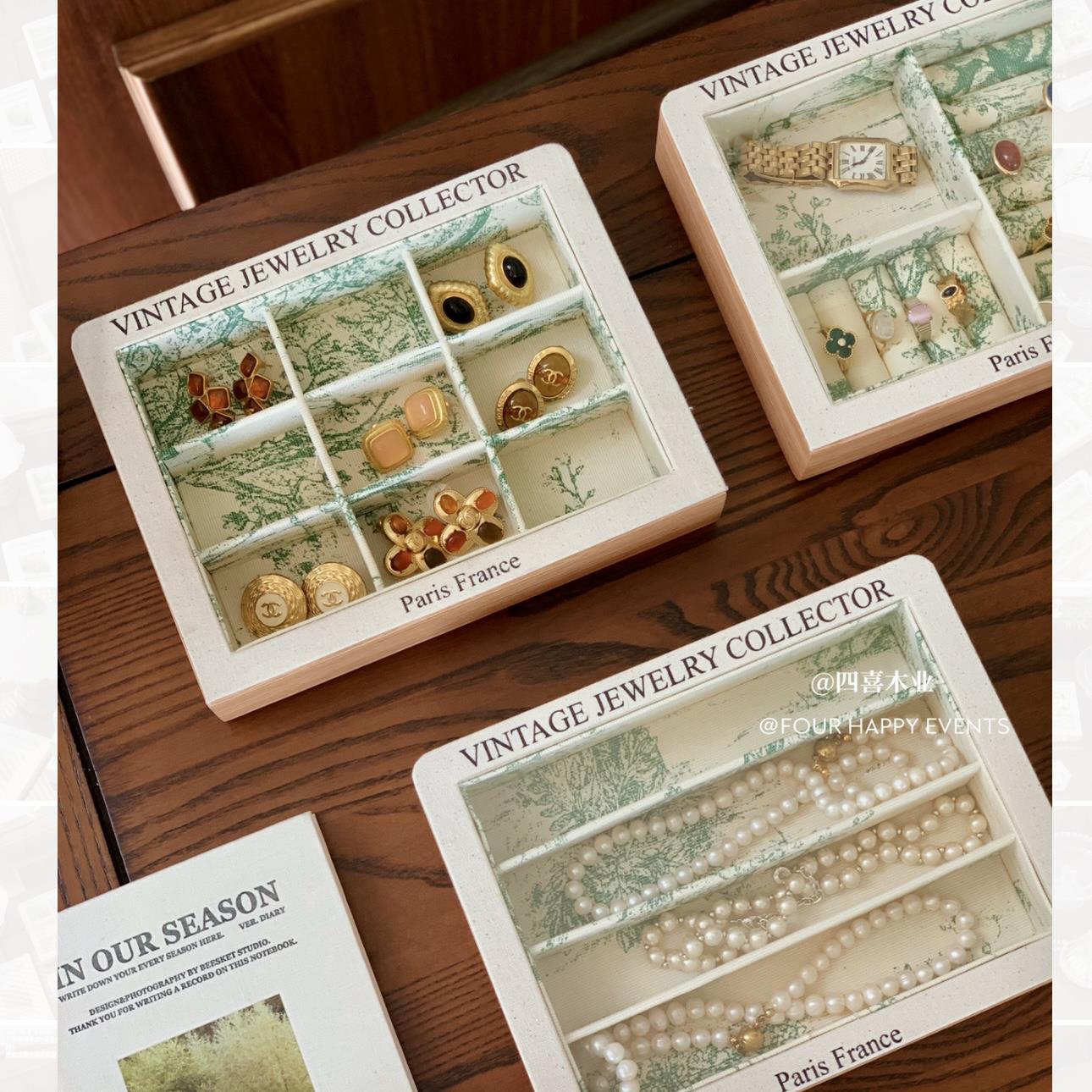 法式复古木质饰品托盘展示耳钉戒指项链收纳陈列首饰盒珠宝防尘盖