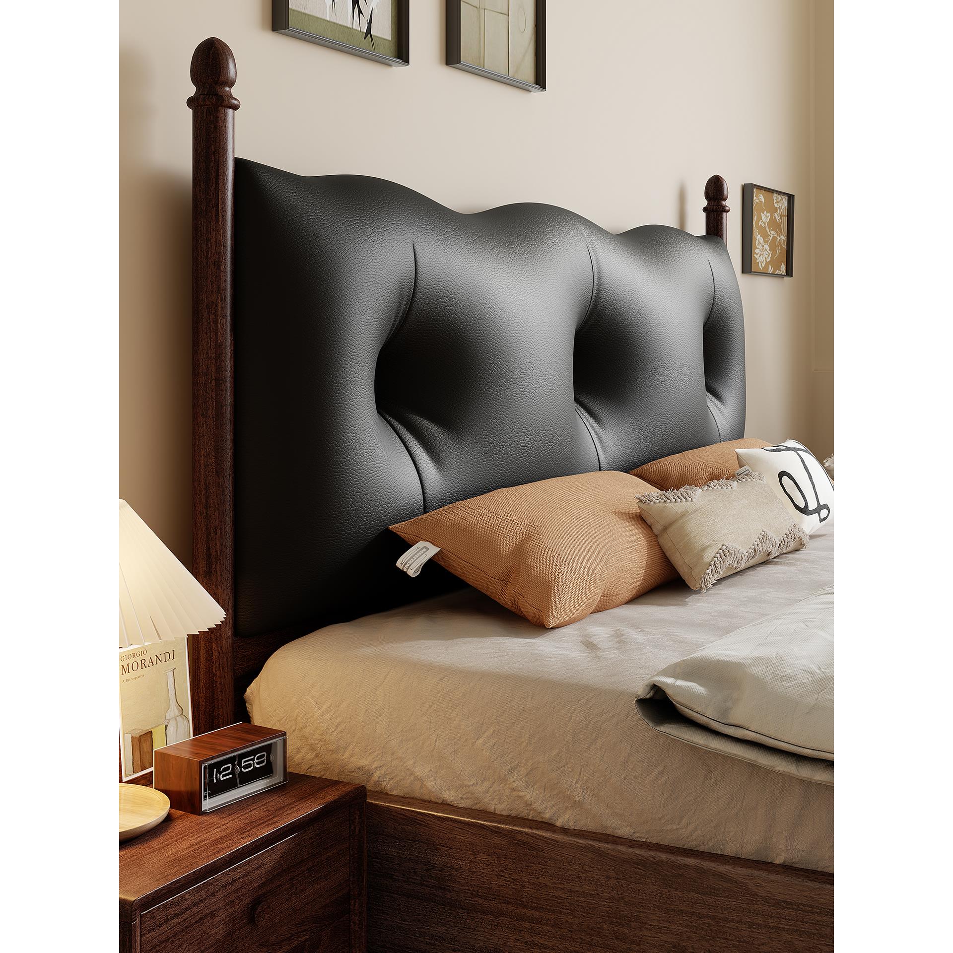 法式覆古真皮软包床胡桃木实木床中古风主卧1米8双人床2米x2米2床