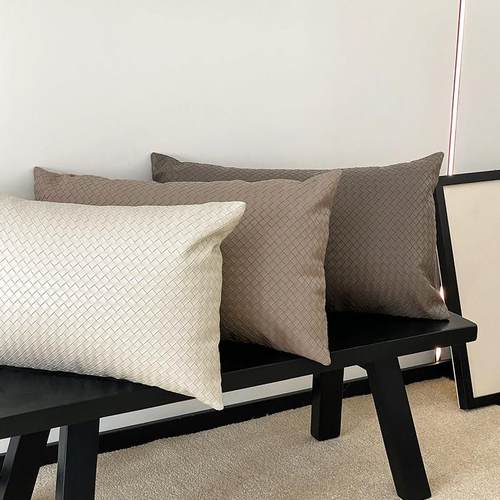 编织纹理皮革腰枕深灰色高级感沙发靠枕办公室腰靠抱枕套床头靠包