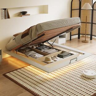 实木无床头悬浮高箱储物床白色小户型主卧双人齐边榉木排骨架床架