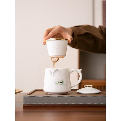 羊脂玉泡茶杯个人专用茶水分离杯办公水杯马克杯带盖陶瓷过滤茶杯