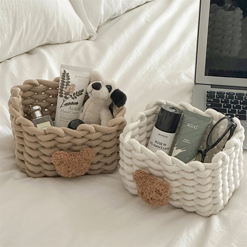现货速发棉麻编织篮简约桌面收纳盒家用宿舍可爱化妆品杂物整理篮
