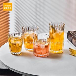 拿铁咖啡杯家用果汁杯饮料杯威士忌杯洋酒杯 简约条纹玻璃杯子美式