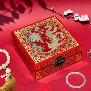 贝壳螺钿镶嵌首饰盒妆奁盒正方形木质中国风梳妆盒平遥漆器放10万
