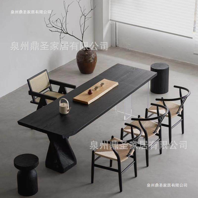 侘寂风实木茶桌碳化黑色亚克力悬浮餐桌白蜡木整板大板桌泡茶桌子