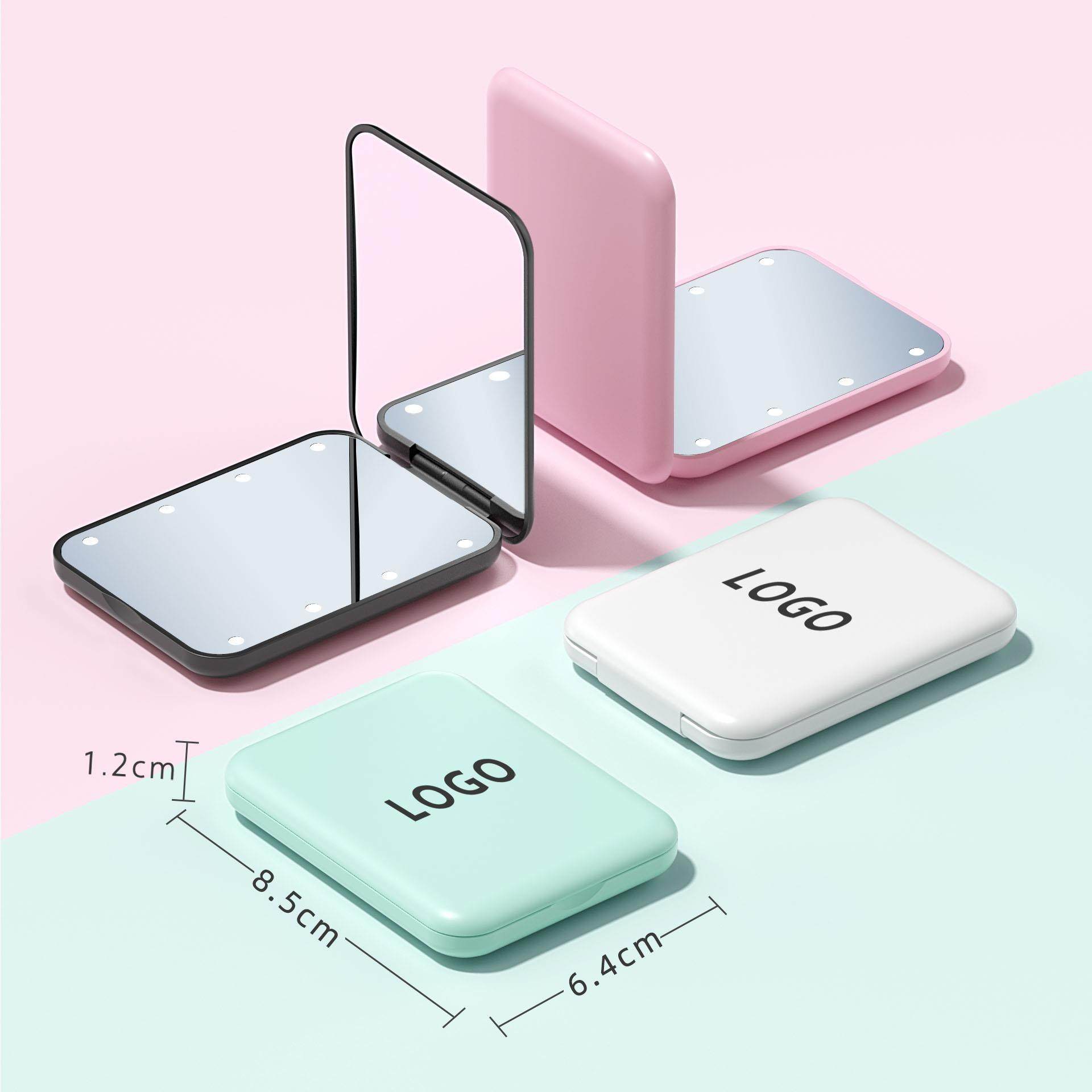 LED手持化妆镜高颜值带灯补妆镜子随身便携折叠镜两面放大化妆镜