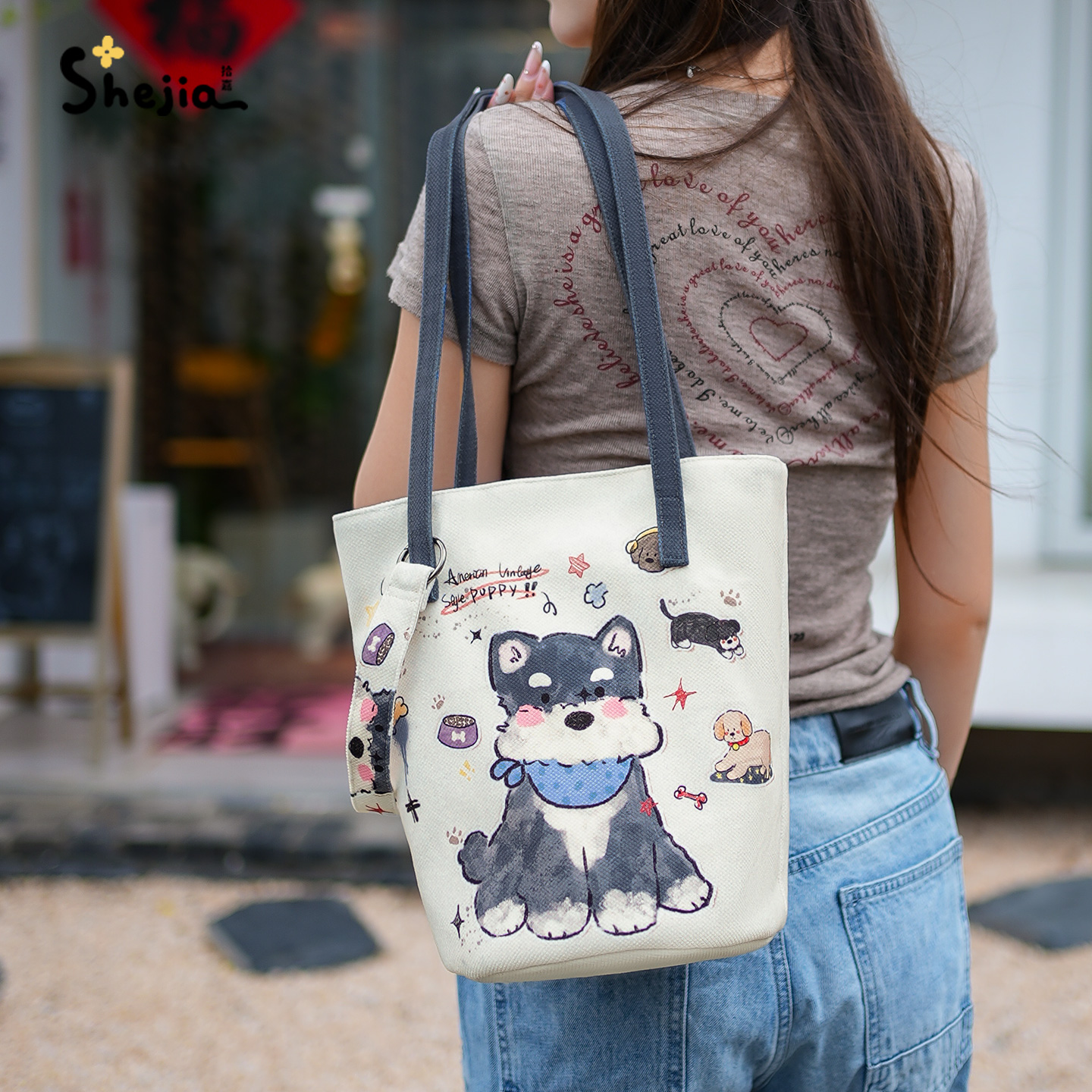 拾嘉灰色复古小狗大容量水桶包