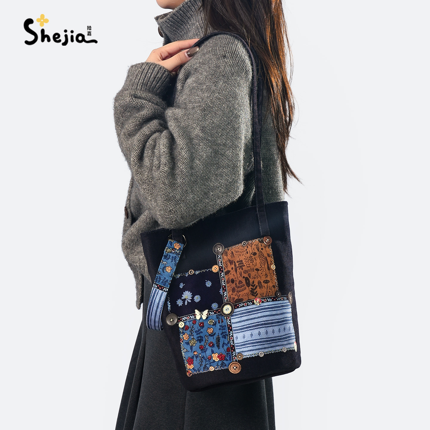 复古碎花水桶包斜挎包