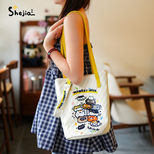 拾嘉X举手猫咪 手拎帆布包包女2025新款大容量单肩斜挎水桶包