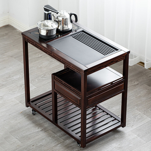 领崖实木茶车乌金石可移动带轮茶台茶水柜功夫茶桌边柜中式家具