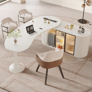 奶油风岩板茶桌椅组合老板办公一体接待泡茶台轻奢现代美容院茶桌