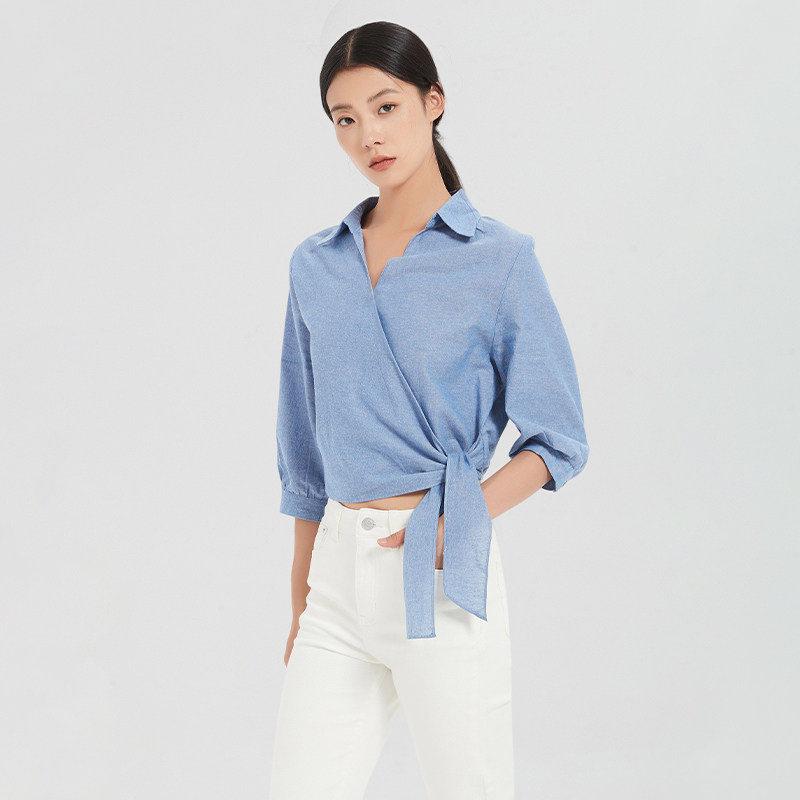 Petit Bari春夏交叉系带七分袖衬衫女 宽松显瘦百搭棉质上