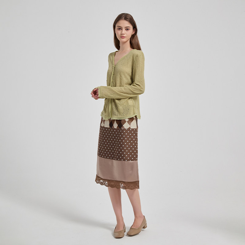 Petit Bari天丝亚麻复古印花拼接蕾丝直筒半裙女 春夏 复