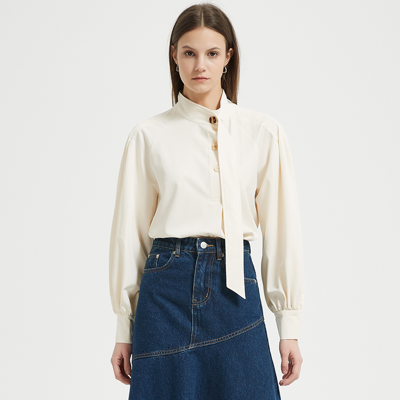 法式飘带灯笼袖长袖衬衫