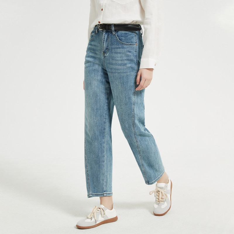 Petit Bari女士不对称显瘦小脚锥型牛仔裤  微弹复古又百