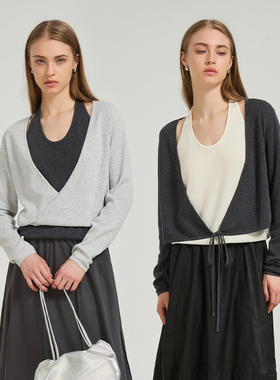 Petit Bari法式气质撞色假两件挂脖露肩针织上衣女 秋冬