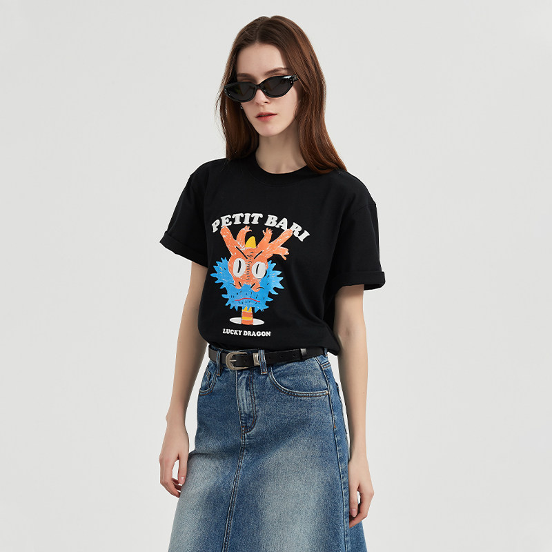 Petit Bari 夏季黑色趣味印花短袖T恤女 纯棉宽松潮流休闲上衣