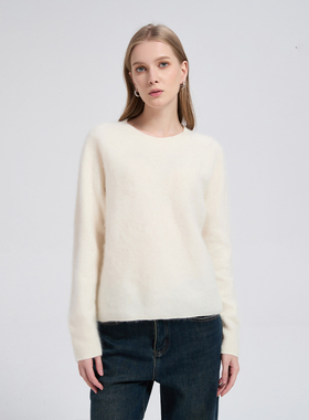 Petit Bari质感纯色拉绒长绒羊毛羊绒圆领针织衫女 秋冬 保暖毛衣