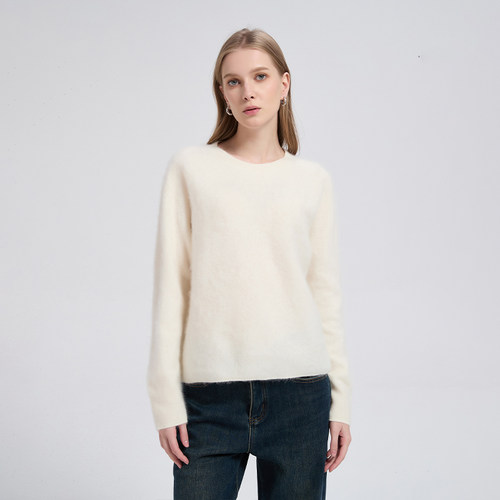 质感纯色长绒羊毛羊绒圆领针织衫