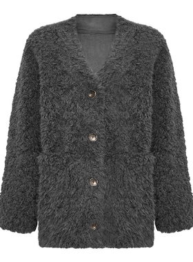 Petit Bari时髦慵懒环保皮草V领外套女 微落肩H型显瘦百搭上衣