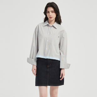 通勤百搭休闲棉质上衣 衬衫 Petit Bari女士拼接设计翻领条纹长袖