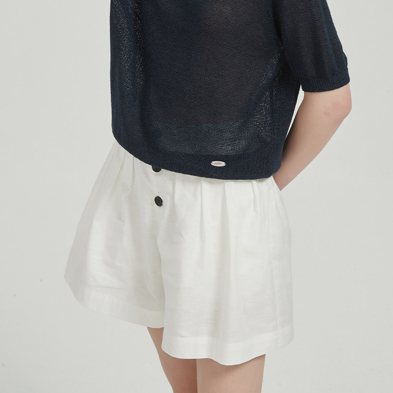 petit bari 简约三粒扣棉麻A字裙裤短裤 女