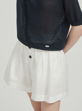 Petit Bari棉麻A字裙裤女 三粒扣高腰透气显瘦宽松休闲短裤 春夏