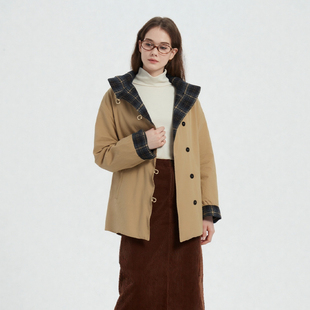 防风保暖秋冬 羽绒外套女 Petit Bari复古时髦格纹两面穿风衣式