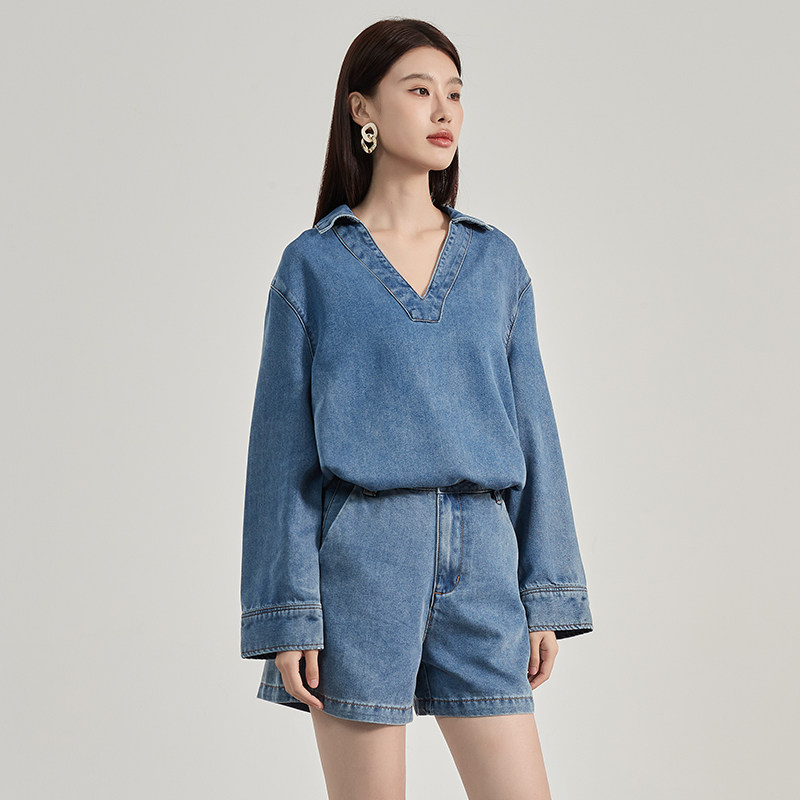 Petit Bari宽松百搭V型翻领女士牛仔短裤 衬衫 套装 慵懒时髦
