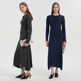 针织裙女 修身 polo领设计深灰藏青羊毛裙 Bari垂坠显瘦长款 Petit