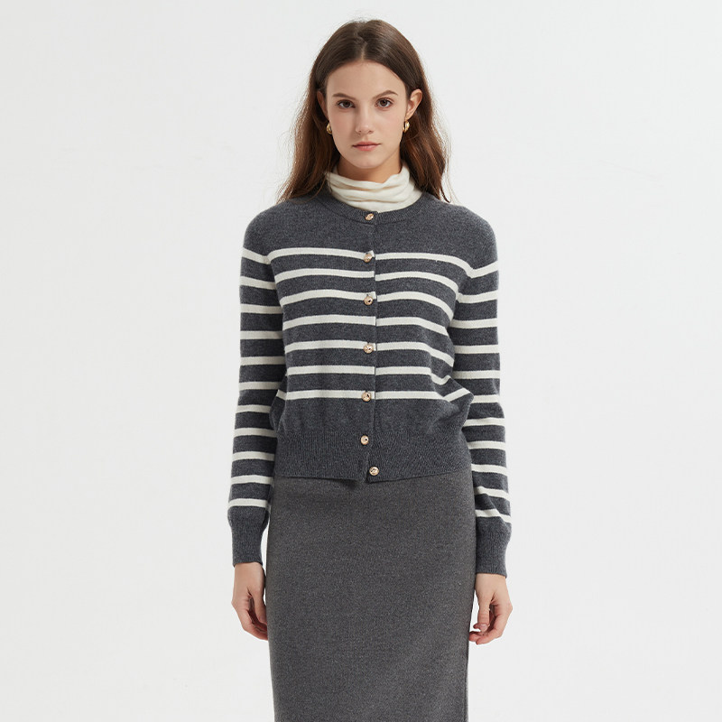 Petit Bari 高知感条纹绵羊毛圆领针织开衫 羊绒毛衣 高品质