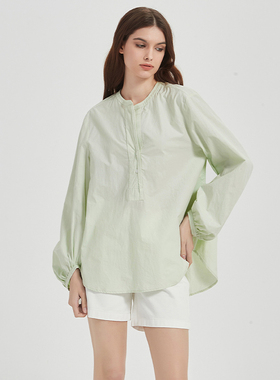Petit Bari春夏薄荷曼波法式泡泡袖衬衫女 纯棉亲肤透气显瘦上衣