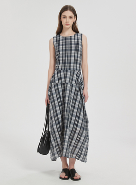 Petit Bari纯棉肌理感格纹无袖连衣裙女 亲肤透气复古长款显瘦裙