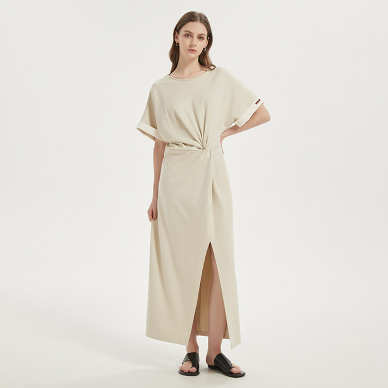 Petit Bari休闲慵懒不对称扭结开衩连衣裙甜美夏季战袍显瘦