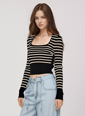Petit Bari 方领条纹修身针织上衣女 短款露腰 时髦显锁骨针织衫
