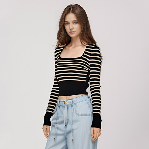 PB方领条纹短款露腰显锁骨上衣