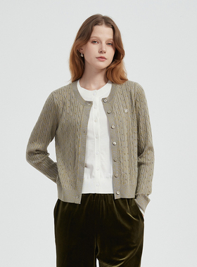 Petit Bari时髦叠穿撞色假两件绞花针织开衫女 绵羊毛保暖毛衣 冬