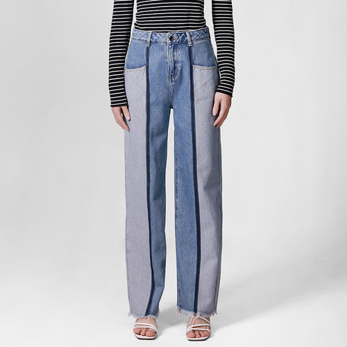 拼色阔腿牛仔裤宽松显瘦时尚百搭