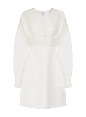 Petit Bari设计师款V领长袖连衣裙女 灯笼袖A摆收腰显瘦气质长裙