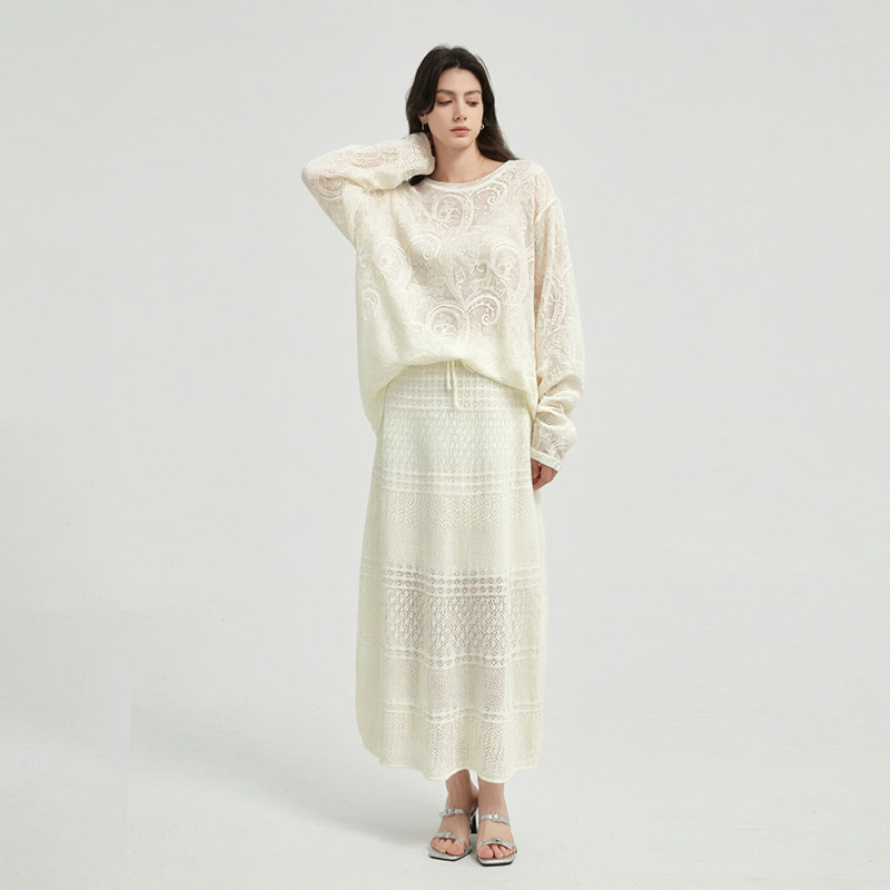 Petit Bari 法式钩花镂空半身裙女 松紧直筒温柔风白色长裙